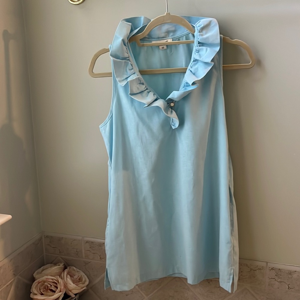 EUC Simply Noelle light blue sleeveless ruffle neck tunic, size s/m (8-10)